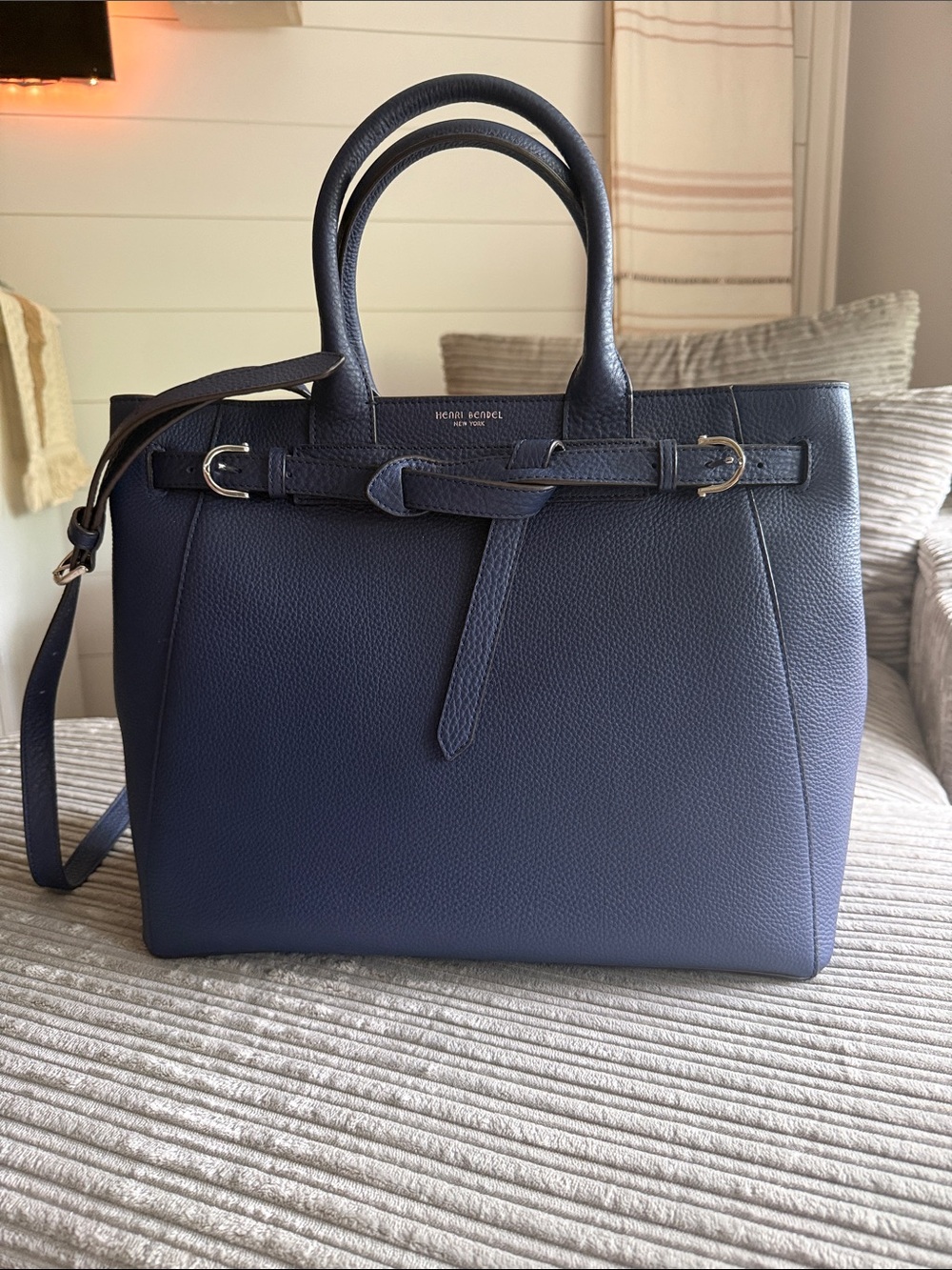 henri bendel Navy Blue Pebbled Leather Tote with Strap